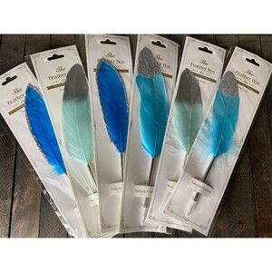 6 Pk Feather Teal & Blue Decorated Ballpoint Pens Black Ink Guest Book Wedding
